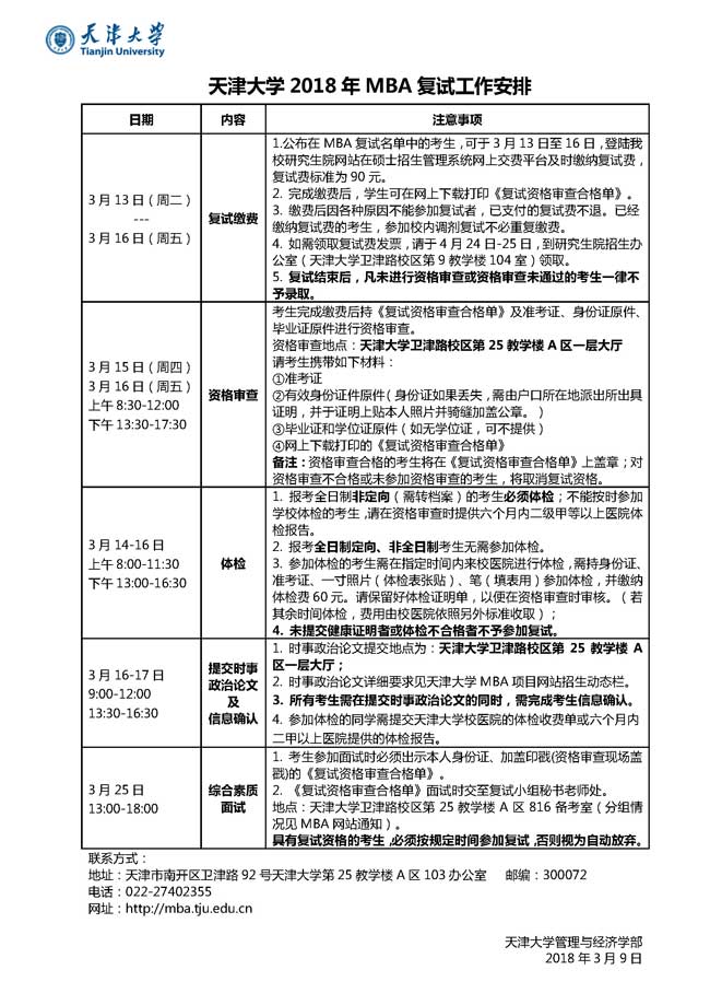 天津大学2018年工商管理硕士（MBA）复试办法